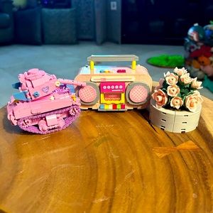 Set of three. Mini pink builder blocks (built)
